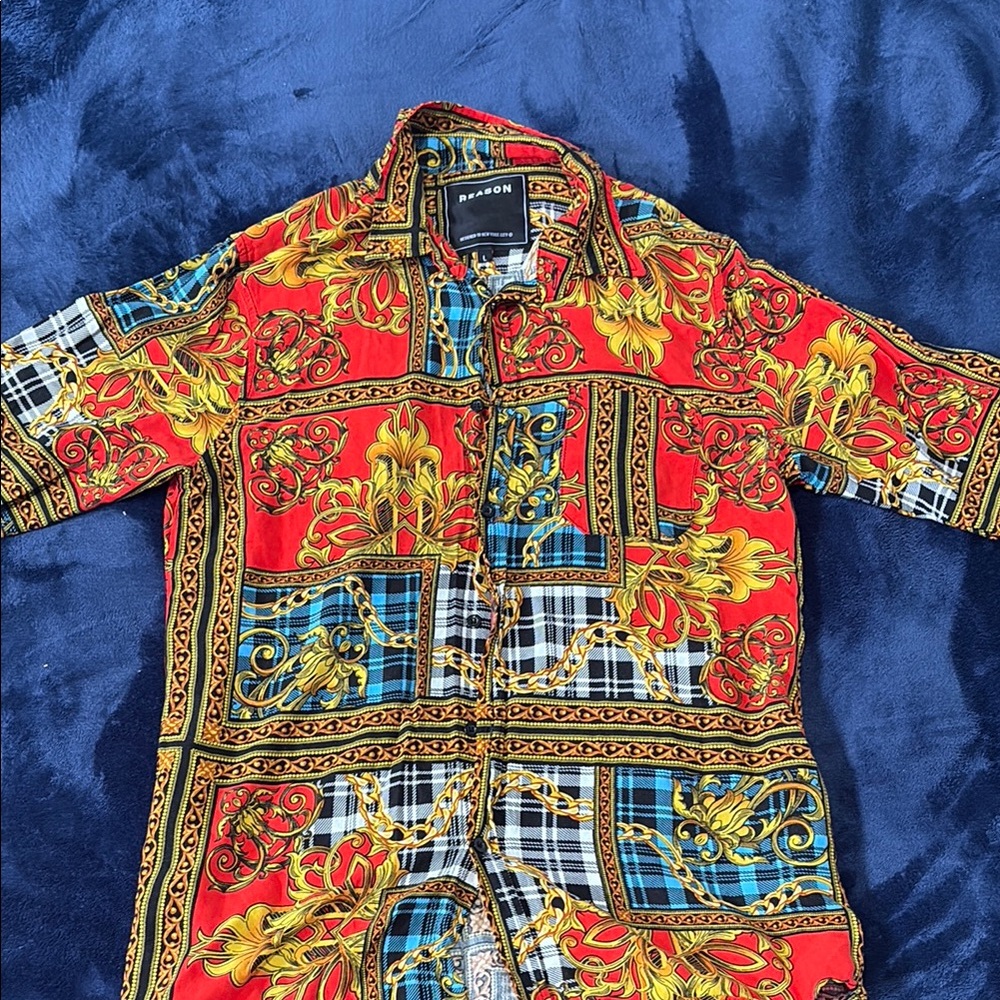 Reason Red and Blue Patterned Casual Button Down Shirt